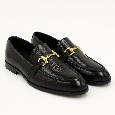 Men’s Black Croc-Texture Loafers with Metal Buckle